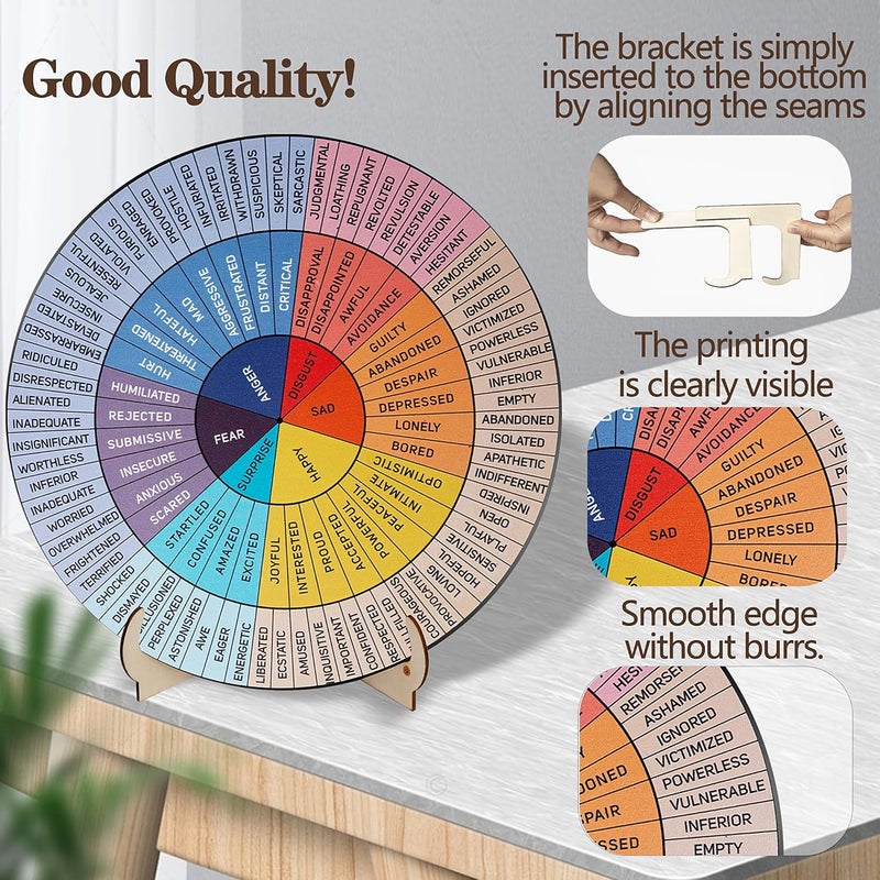 Jeoronuly Feelings Wheel Therapy Office Decor, 5.8 Inches Diameter Double Sided Mental Health Decor Emotion Wheel with Stand, Wooden Coping Wheel Chart Gifts for School, Therapy Office, 2025 Upgrade - Image 2